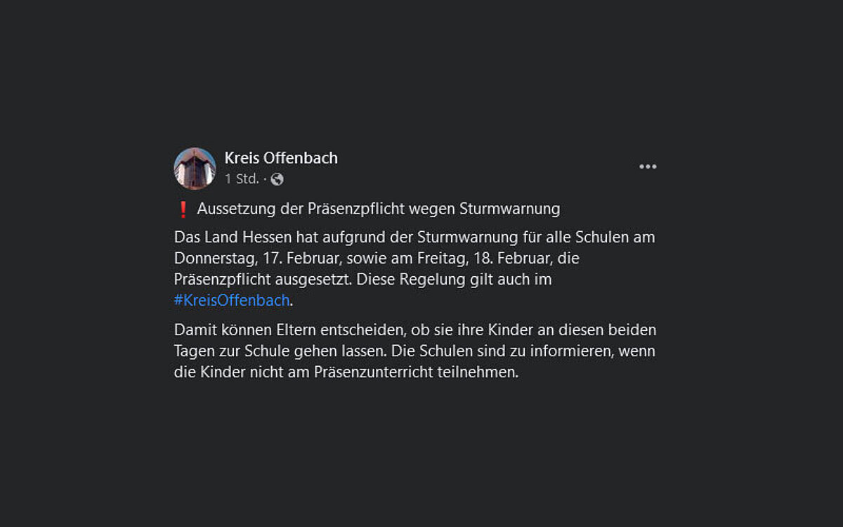LK OF Facebook Aussetzung Praesenzpflicht an Schulen wegen Sturmwarnung LK OF Facebook Aussetzung Praesenzpflicht an Schulen wegen Sturmwarnung