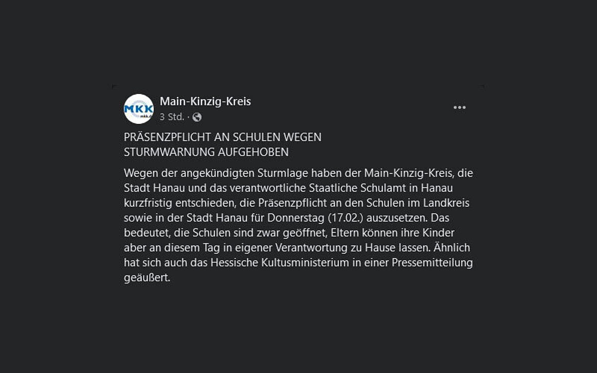 MKK Facebook Aussetzung Praesenzpflicht an Schulen wegen Sturmwarnung MKK Facebook Aussetzung Praesenzpflicht an Schulen wegen Sturmwarnung